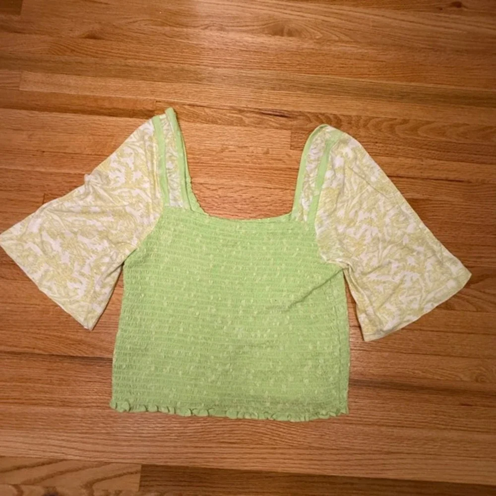 Free People XL Green Smocked Crop Top Puff Sleeve Boho‎ Festival